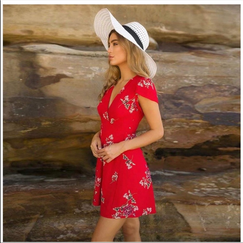 New Red Floral Wrap Sun Dress